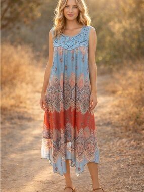 Studio by JPR Blue and Coral Crochet Yoke Midi Dress